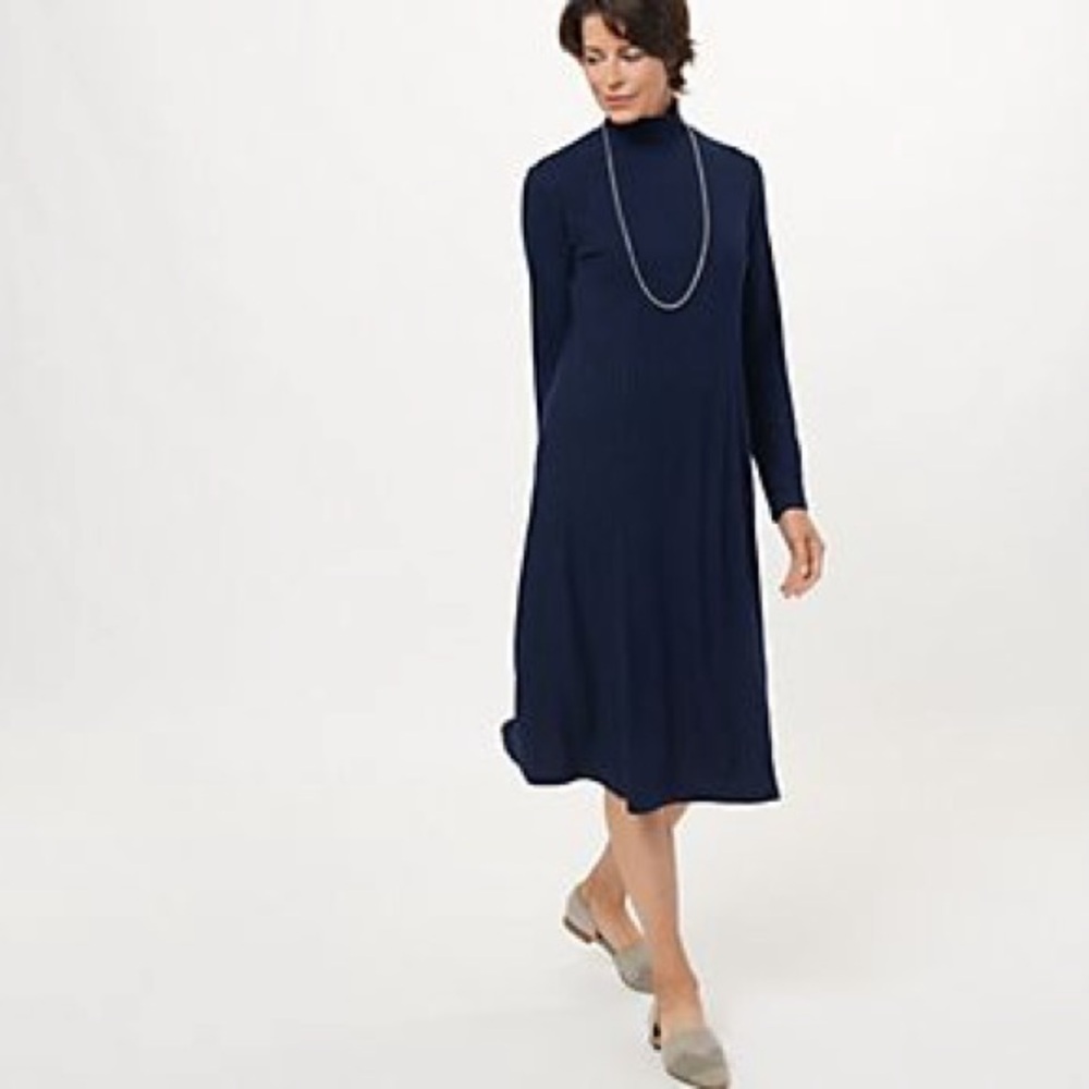 Susan Graver Petite small Sweater DressRib Knit Mock-Neck Midi Black zip back